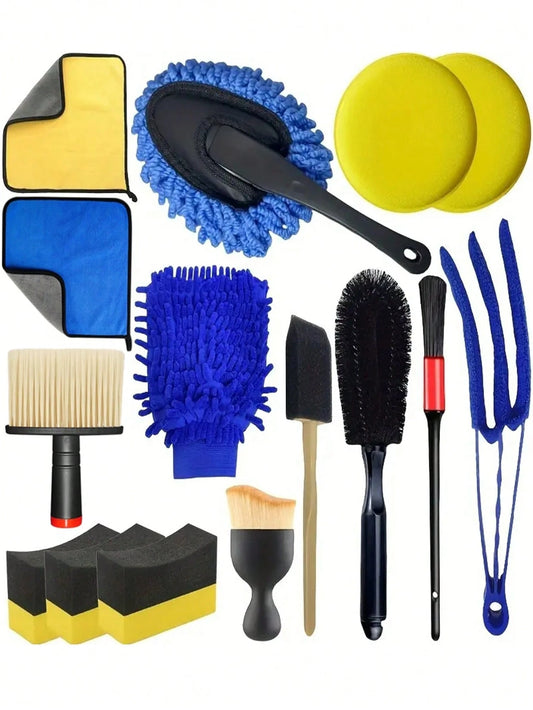 15pcs Car Detailing Brush, Microfiber Cloths, Polishing Sponges- Automotive Cleaning Tool Set