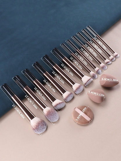 15pcs Makeup Brush Set, Including Powder Brush, Blush Brush, Highlighter Brush, Eyeshadow Brush, Lash Brush, Eyeliner Brush, Angled Makeup Sponge, Round Makeup Sponge, Round Powder Puff, Triangle Powd