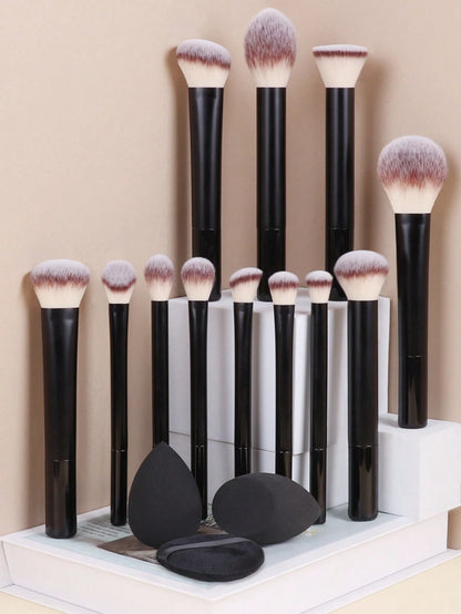 15pcs Makeup Brush Set, Including Powder Brush, Blush Brush, Highlighter Brush, Eyeshadow Brush, Lash Brush, Eyeliner Brush, Angled Makeup Sponge, Round Makeup Sponge, Round Powder Puff, Triangle Powd