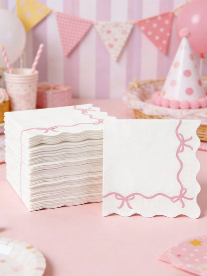 16pcs Pink Bow Tissue Paper, Pink Bow Themed Disposable Napkins, Cute Bow Tableware Decor Napkins For Birthday, Tea Party, Wedding, Baby Shower, Home Decor, Party Supplies, Wedding Supplies