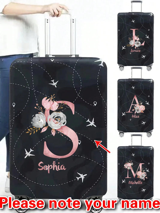 18-32 Inch Luggage Covers, Personalized Elastic Luggage Covers, Airplane Pattern, Pink Flowers, Initials A-Z, Scratch-Resistant, Personalized Name, Anniversaries, Holidays, Travel, Business, Graduatio