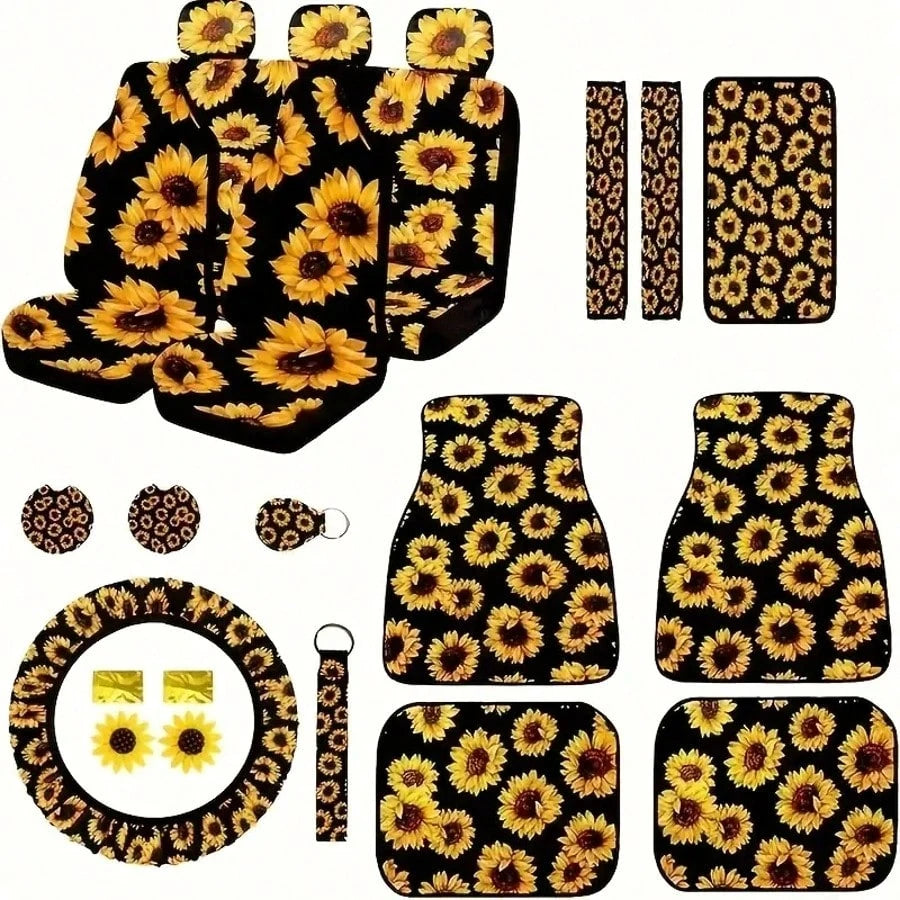 19 Pieces Sunflower Car Seat Cover Set, Car Floor Mat, Steering Wheel Cover, Seat Belt Shoulder Pad, Center Console Armrest Pad, Cup Holder And Keychain, Car Interior