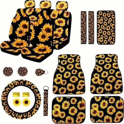 19 Pieces Sunflower Car Seat Cover Set, Car Floor Mat, Steering Wheel Cover, Seat Belt Shoulder Pad, Center Console Armrest Pad, Cup Holder And Keychain, Car Interior