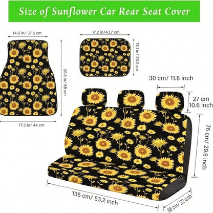 19 Pieces Sunflower Car Seat Cover Set, Car Floor Mat, Steering Wheel Cover, Seat Belt Shoulder Pad, Center Console Armrest Pad, Cup Holder And Keychain, Car Interior