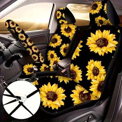 19 Pieces Sunflower Car Seat Cover Set, Car Floor Mat, Steering Wheel Cover, Seat Belt Shoulder Pad, Center Console Armrest Pad, Cup Holder And Keychain, Car Interior