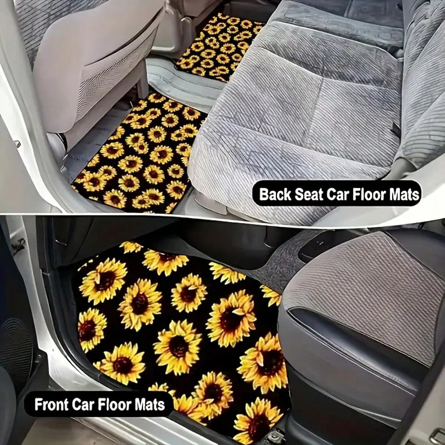 19 Pieces Sunflower Car Seat Cover Set, Car Floor Mat, Steering Wheel Cover, Seat Belt Shoulder Pad, Center Console Armrest Pad, Cup Holder And Keychain, Car Interior