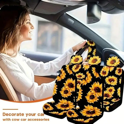 19 Pieces Sunflower Car Seat Cover Set, Car Floor Mat, Steering Wheel Cover, Seat Belt Shoulder Pad, Center Console Armrest Pad, Cup Holder And Keychain, Car Interior
