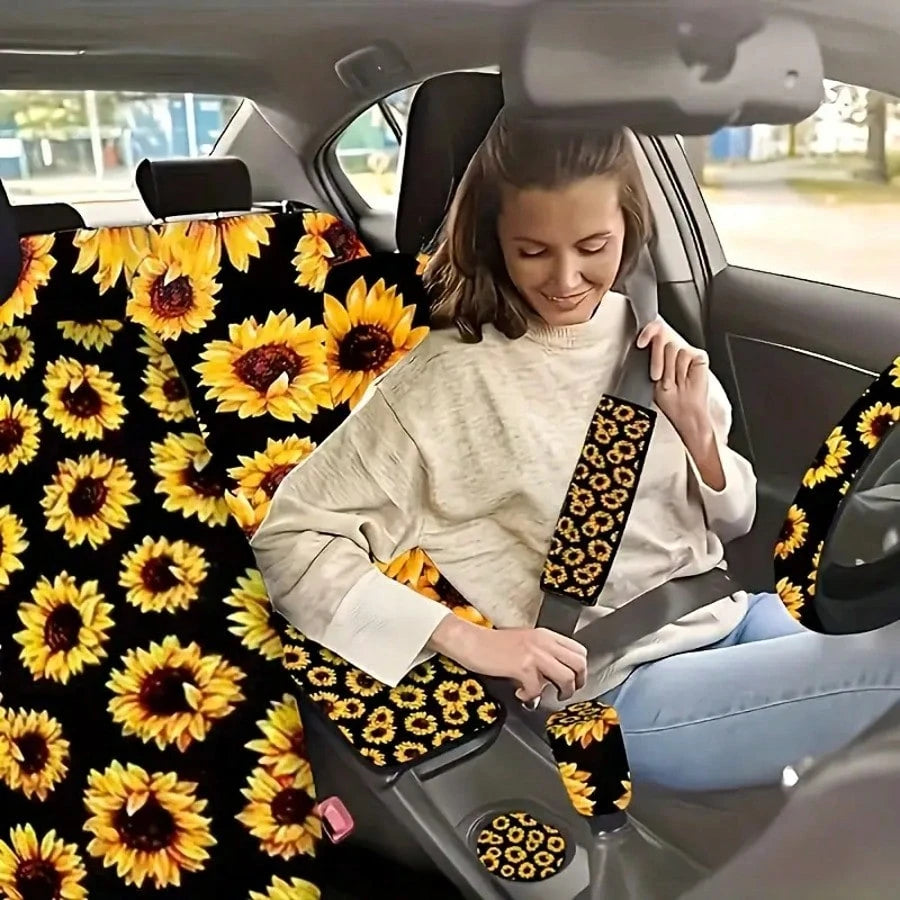 19 Pieces Sunflower Car Seat Cover Set, Car Floor Mat, Steering Wheel Cover, Seat Belt Shoulder Pad, Center Console Armrest Pad, Cup Holder And Keychain, Car Interior