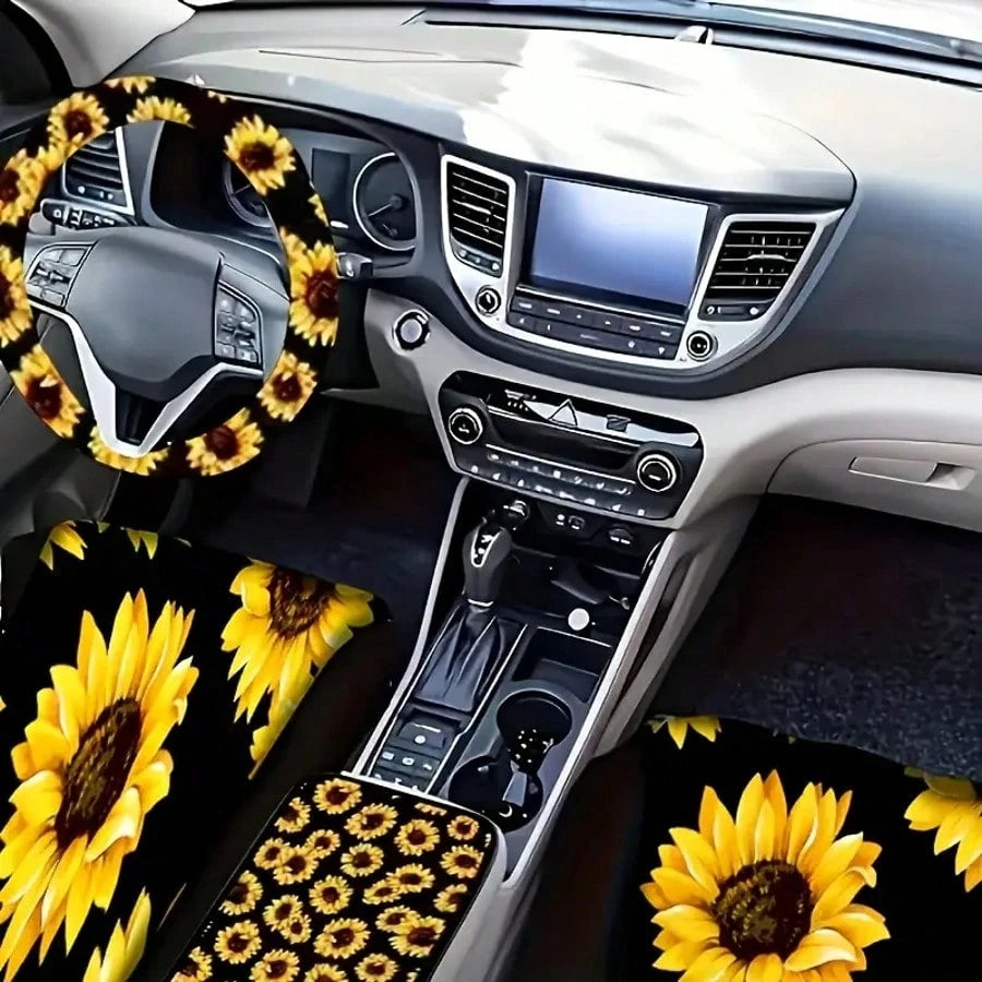 19 Pieces Sunflower Car Seat Cover Set, Car Floor Mat, Steering Wheel Cover, Seat Belt Shoulder Pad, Center Console Armrest Pad, Cup Holder And Keychain, Car Interior
