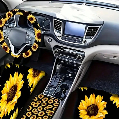 19 Pieces Sunflower Car Seat Cover Set, Car Floor Mat, Steering Wheel Cover, Seat Belt Shoulder Pad, Center Console Armrest Pad, Cup Holder And Keychain, Car Interior