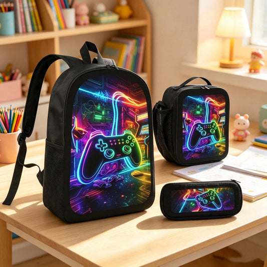 1k+Sold Back To School Essential Student Backpack (Game Console Controller) Men's Fashion Backpack + Insulated Lunch Bag + Pencil Case 3-Piece Set, Minimalist Men's Lightweight Backpack, Outdoor Trave