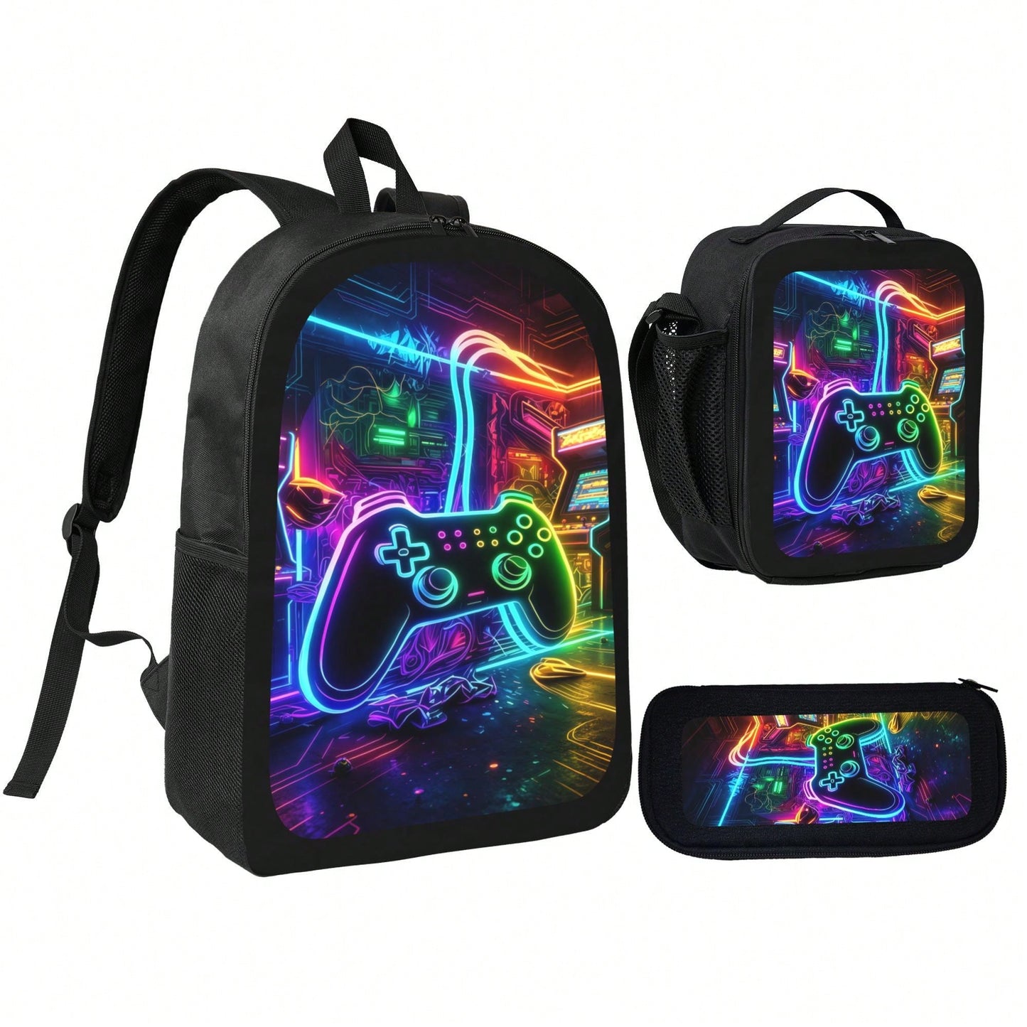 1k+Sold Back To School Essential Student Backpack (Game Console Controller) Men's Fashion Backpack + Insulated Lunch Bag + Pencil Case 3-Piece Set, Minimalist Men's Lightweight Backpack, Outdoor Trave