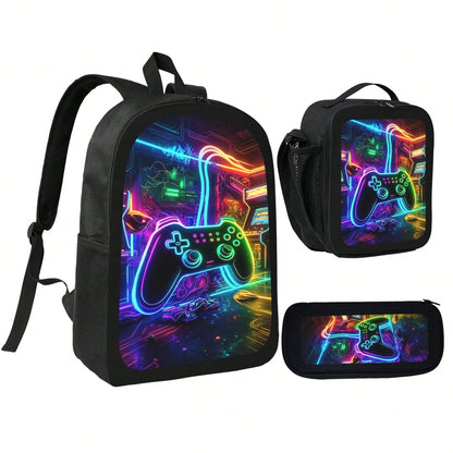 1k+Sold Back To School Essential Student Backpack (Game Console Controller) Men's Fashion Backpack + Insulated Lunch Bag + Pencil Case 3-Piece Set, Minimalist Men's Lightweight Backpack, Outdoor Trave