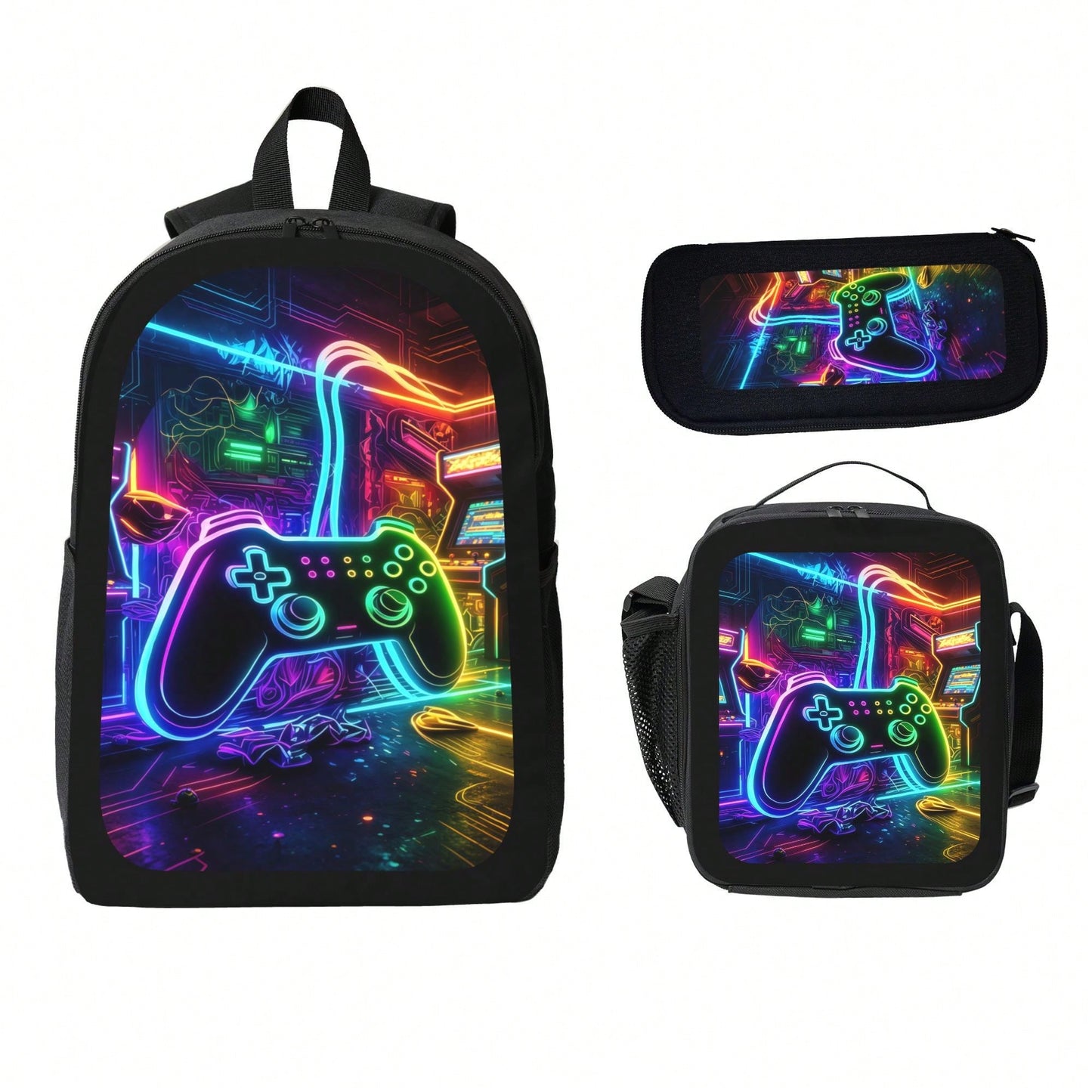 1k+Sold Back To School Essential Student Backpack (Game Console Controller) Men's Fashion Backpack + Insulated Lunch Bag + Pencil Case 3-Piece Set, Minimalist Men's Lightweight Backpack, Outdoor Trave