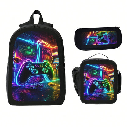 1k+Sold Back To School Essential Student Backpack (Game Console Controller) Men's Fashion Backpack + Insulated Lunch Bag + Pencil Case 3-Piece Set, Minimalist Men's Lightweight Backpack, Outdoor Trave