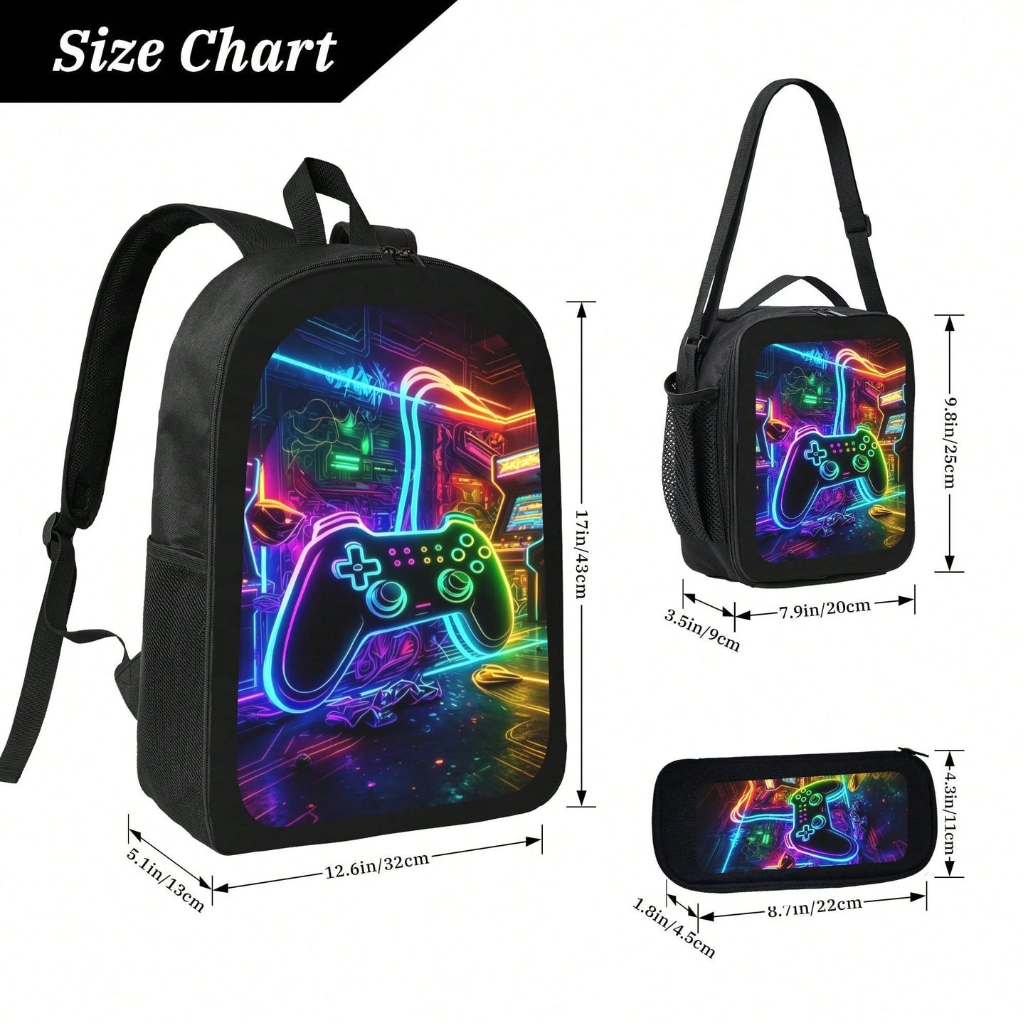 1k+Sold Back To School Essential Student Backpack (Game Console Controller) Men's Fashion Backpack + Insulated Lunch Bag + Pencil Case 3-Piece Set, Minimalist Men's Lightweight Backpack, Outdoor Trave