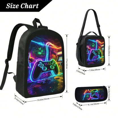 1k+Sold Back To School Essential Student Backpack (Game Console Controller) Men's Fashion Backpack + Insulated Lunch Bag + Pencil Case 3-Piece Set, Minimalist Men's Lightweight Backpack, Outdoor Trave