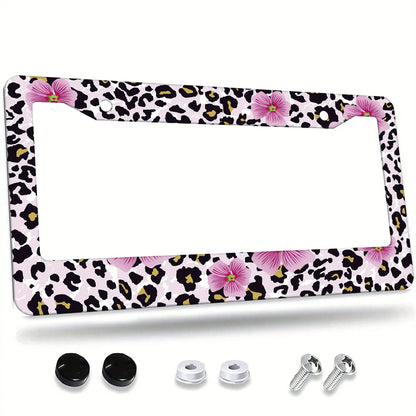 1pc, 1 Pcs Pink Floral And Leopard Print License Plate Frame, Vehicle Trim License Plate Cover, Aluminum License Plate Bracket Holder Anti-Rust Shockproof Rainproof, Suitable For American Standard Car