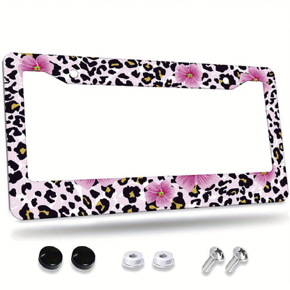 1pc, 1 Pcs Pink Floral And Leopard Print License Plate Frame, Vehicle Trim License Plate Cover, Aluminum License Plate Bracket Holder Anti-Rust Shockproof Rainproof, Suitable For American Standard Car