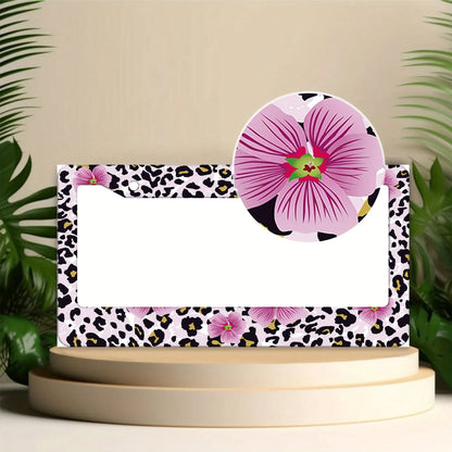1pc, 1 Pcs Pink Floral And Leopard Print License Plate Frame, Vehicle Trim License Plate Cover, Aluminum License Plate Bracket Holder Anti-Rust Shockproof Rainproof, Suitable For American Standard Car