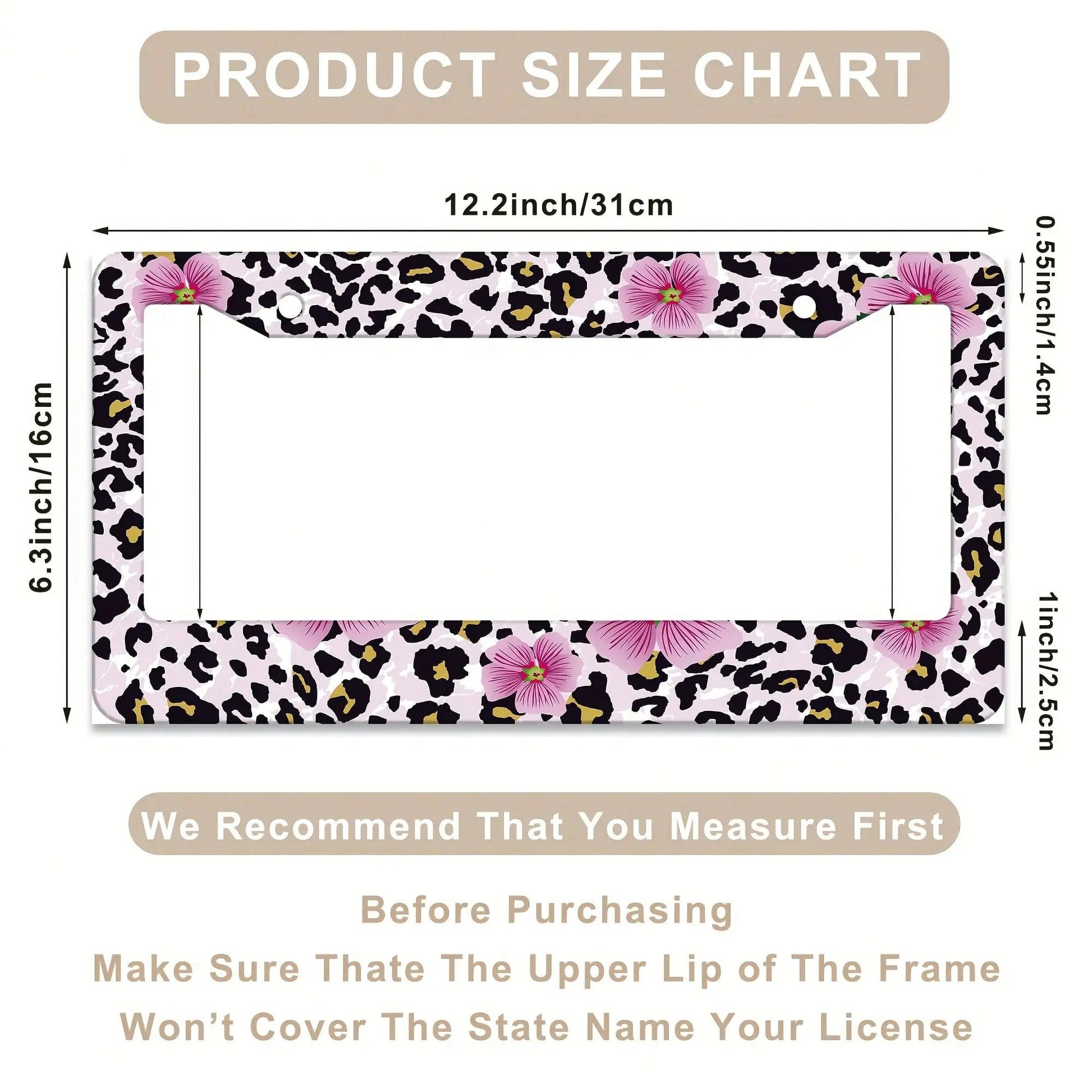 1pc, 1 Pcs Pink Floral And Leopard Print License Plate Frame, Vehicle Trim License Plate Cover, Aluminum License Plate Bracket Holder Anti-Rust Shockproof Rainproof, Suitable For American Standard Car