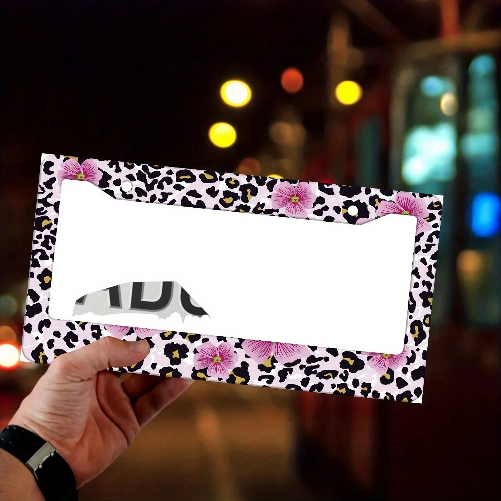 1pc, 1 Pcs Pink Floral And Leopard Print License Plate Frame, Vehicle Trim License Plate Cover, Aluminum License Plate Bracket Holder Anti-Rust Shockproof Rainproof, Suitable For American Standard Car