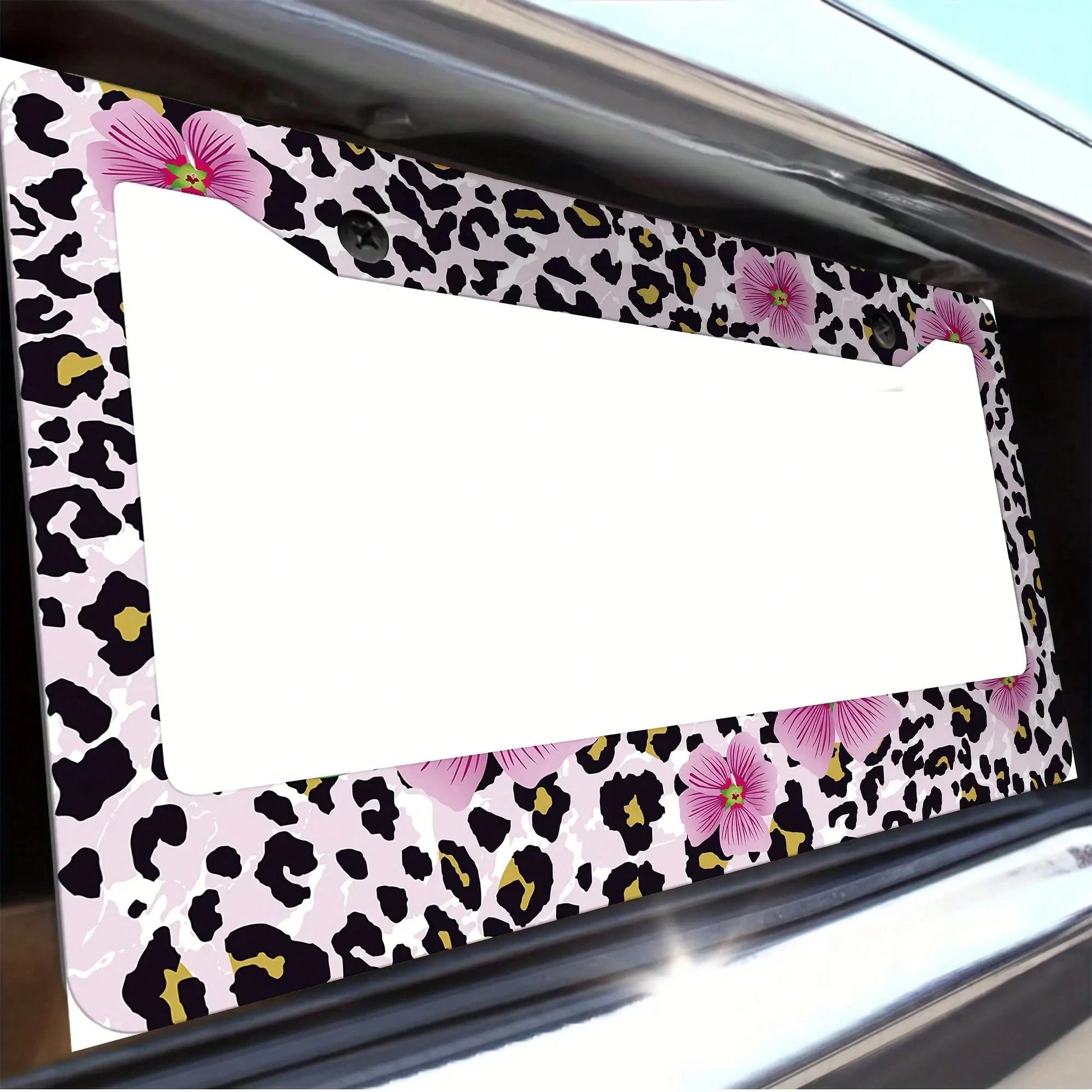 1pc, 1 Pcs Pink Floral And Leopard Print License Plate Frame, Vehicle Trim License Plate Cover, Aluminum License Plate Bracket Holder Anti-Rust Shockproof Rainproof, Suitable For American Standard Car