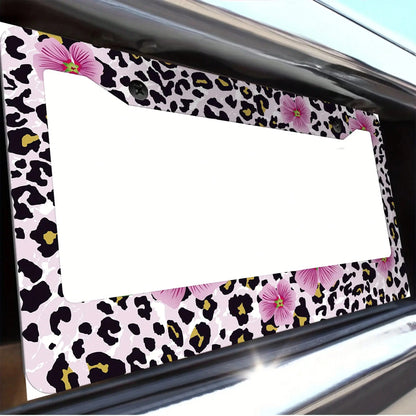 1pc, 1 Pcs Pink Floral And Leopard Print License Plate Frame, Vehicle Trim License Plate Cover, Aluminum License Plate Bracket Holder Anti-Rust Shockproof Rainproof, Suitable For American Standard Car