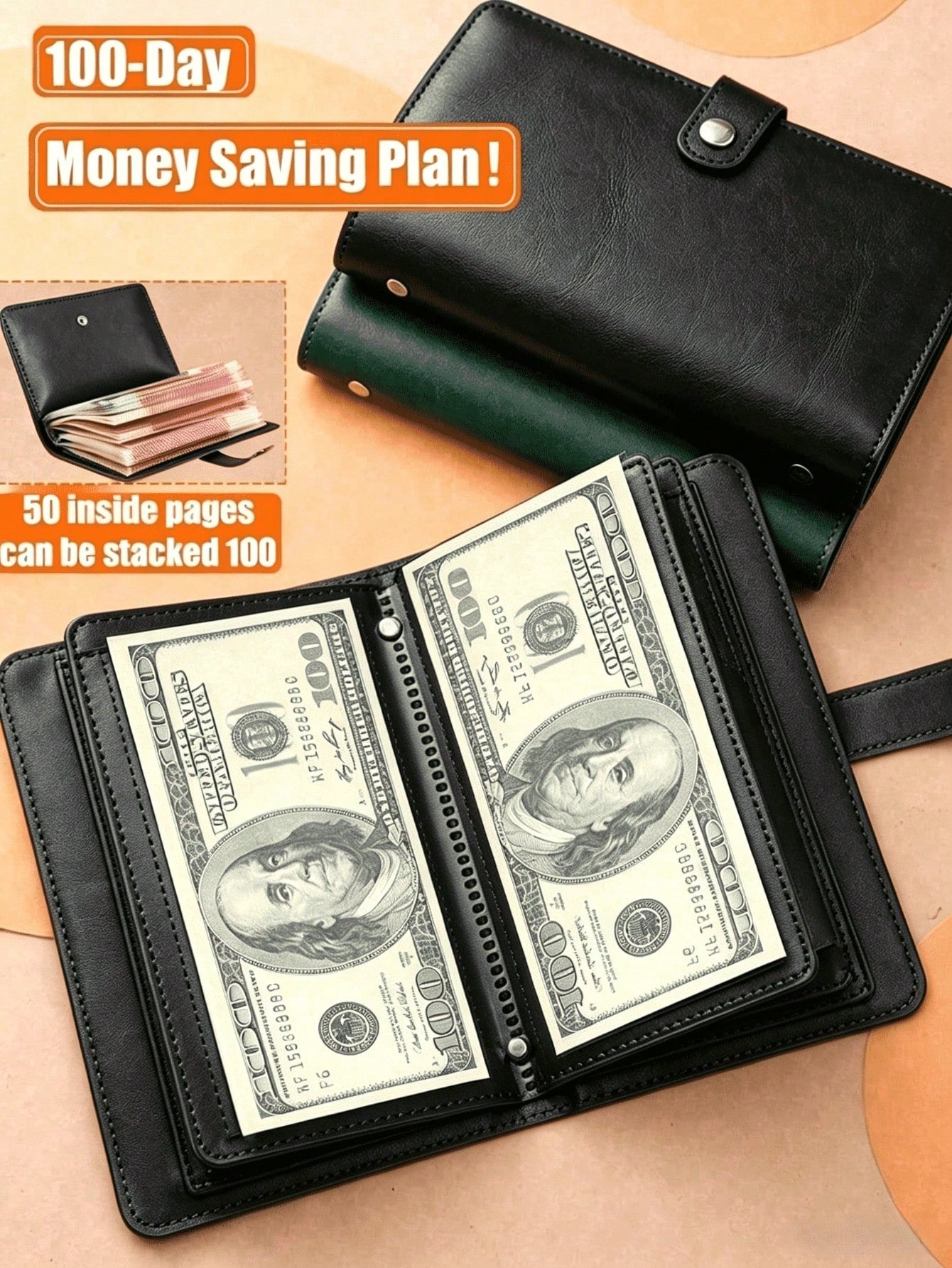 1pc 100-Pocket Loose-Leaf Envelope, Money-Saving Binder, Portable Black Wallet, 100-Day Back To School Savings Plan, Summer Special, Halloween Gift