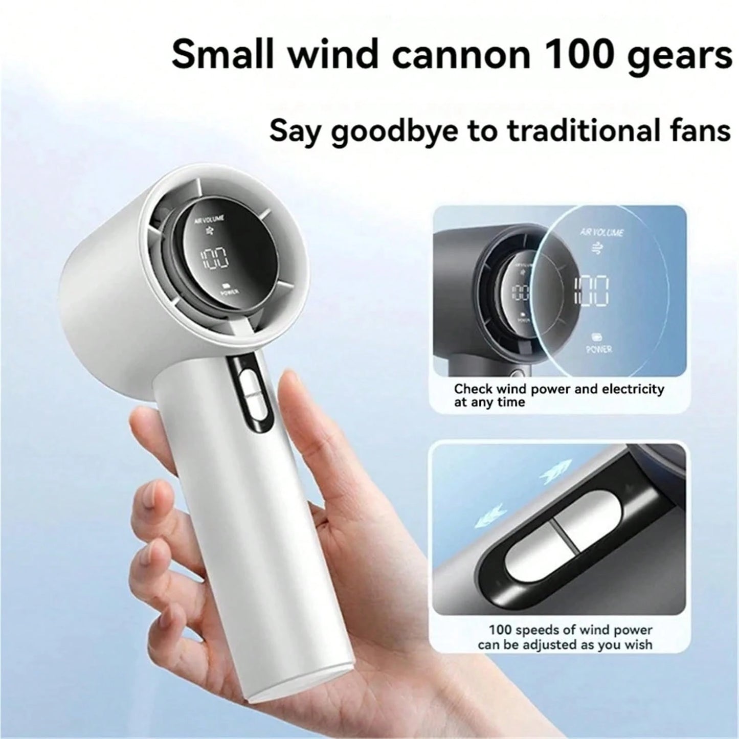 1pc 100 Speeds Portable Turbo Handheld Fan, Mini Rechargeable Personal Cooling Fan, USB-C Pocket Fan For Summer Outdoor Camping Travel Office