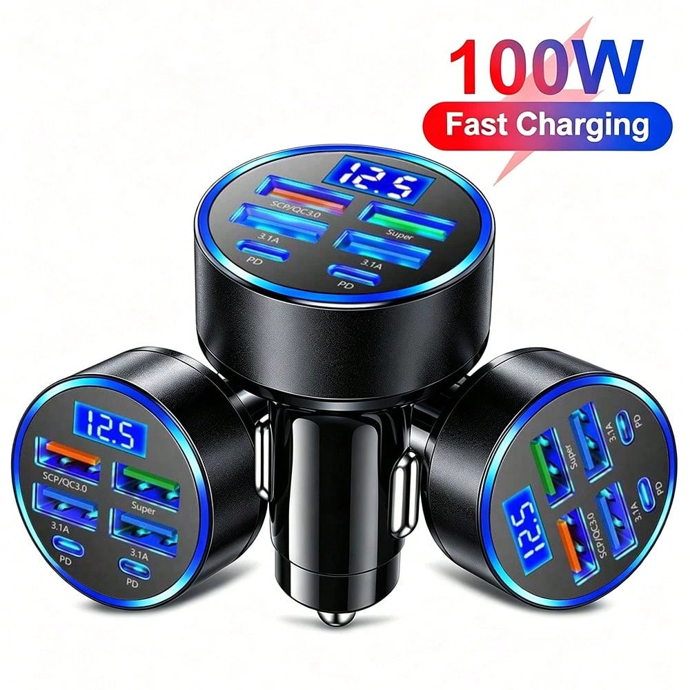 1pc 100W 6-Port Car Charger With Digital Voltage Display, Supports PD & QC3.0 Fast Charging, USB-C Port, Car Phone Charger, Type-C Adapter, Compatible With IPhone