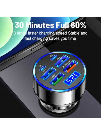 1pc 100W 6-Port Car Charger With Digital Voltage Display, Supports PD & QC3.0 Fast Charging, USB-C Port, Car Phone Charger, Type-C Adapter, Compatible With IPhone