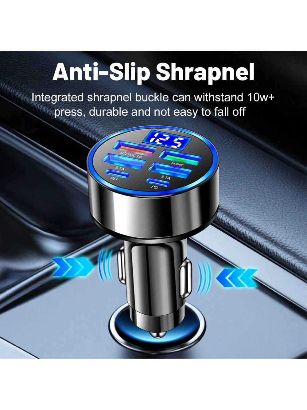 1pc 100W 6-Port Car Charger With Digital Voltage Display, Supports PD & QC3.0 Fast Charging, USB-C Port, Car Phone Charger, Type-C Adapter, Compatible With IPhone