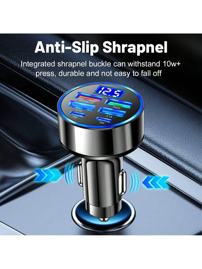 1pc 100W 6-Port Car Charger With Digital Voltage Display, Supports PD & QC3.0 Fast Charging, USB-C Port, Car Phone Charger, Type-C Adapter, Compatible With IPhone