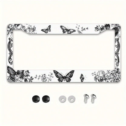 1pc 12x6in Butterfly Floral Metal License Plate Frame, Retro Car Accessory With Mounting Screws, Fits US & Most Global Vehicles, Valentine's Day Auto Decor Gift,Car Cover,Car Must Haves,Gifts,Car Deco