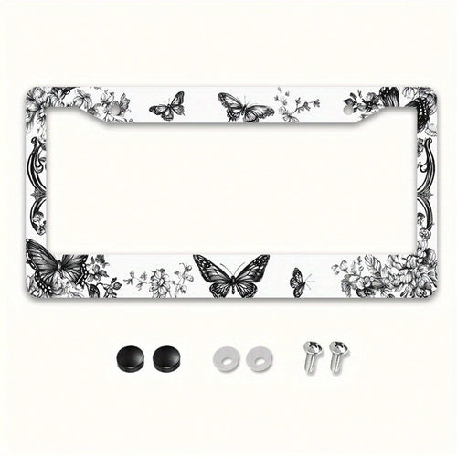 1pc 12x6in Butterfly Floral Metal License Plate Frame, Retro Car Accessory With Mounting Screws, Fits US & Most Global Vehicles, Valentine's Day Auto Decor Gift,Car Cover,Car Must Haves,Gifts,Car Deco