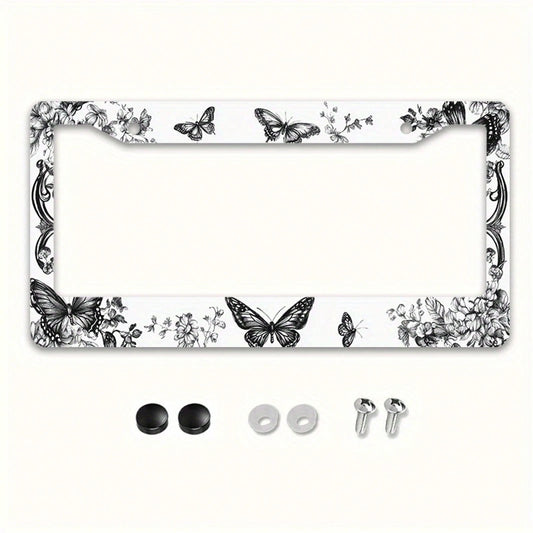 1pc 12x6in Butterfly Floral Metal License Plate Frame, Retro Car Accessory With Mounting Screws, Fits US & Most Global Vehicles, Valentine's Day Auto Decor Gift,Car Cover,Car Must Haves,Gifts,Car Deco