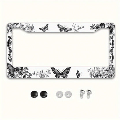 1pc 12x6in Butterfly Floral Metal License Plate Frame, Retro Car Accessory With Mounting Screws, Fits US & Most Global Vehicles, Valentine's Day Auto Decor Gift,Car Cover,Car Must Haves,Gifts,Car Deco