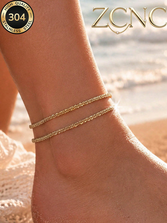 1pc 18K Gold Plated 2026 New Style Summer Women's Niche Design Elegant Shiny Double Layer Anklet 304 Stainless Steel Waterproof Durable Suitable For Daily Wear/Summer Beach Party/Vacation/Mother's Day