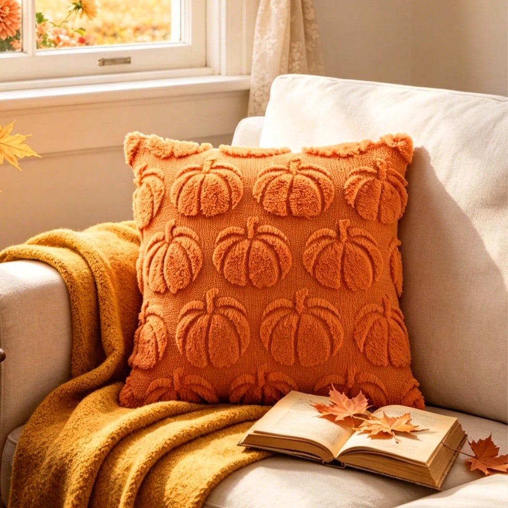 1pc 18x18 Inch Autumn Harvest Pumpkin Plush Pillow Case, American Country Vintage Halloween Farm Style, Soft Faux Wool Faux Fur Texture Cushion Cover, Living Room Sofa Bedroom Chair Home Decor, Pillow