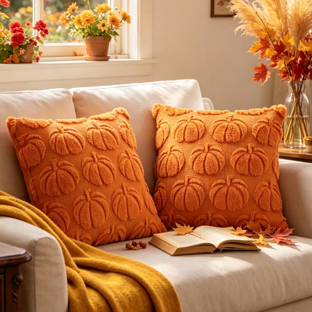 1pc 18x18 Inch Autumn Harvest Pumpkin Plush Pillow Case, American Country Vintage Halloween Farm Style, Soft Faux Wool Faux Fur Texture Cushion Cover, Living Room Sofa Bedroom Chair Home Decor, Pillow