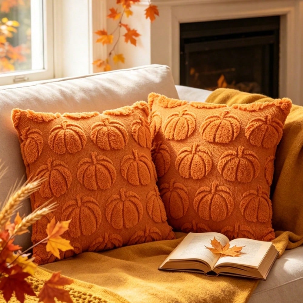 1pc 18x18 Inch Autumn Harvest Pumpkin Plush Pillow Case, American Country Vintage Halloween Farm Style, Soft Faux Wool Faux Fur Texture Cushion Cover, Living Room Sofa Bedroom Chair Home Decor, Pillow