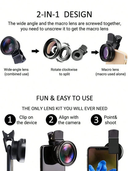 1pc 2 In 1 0.45X Macro Phone Wide Angle Lens Compatible With Iphone Android Phone For Summer Vacation, Travel, Creative Photography Phone Accessories, Phone Lens