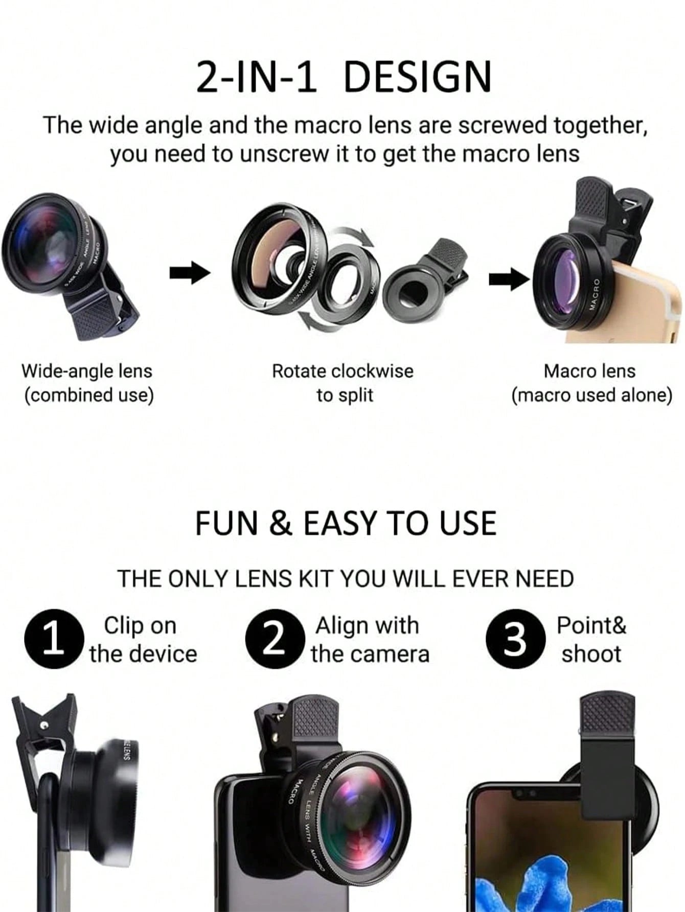 1pc 2 In 1 0.45X Macro Phone Wide Angle Lens Compatible With Iphone Android Phone For Summer Vacation, Travel, Creative Photography Phone Accessories, Phone Lens