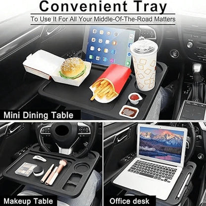 1Pc 2 In 1 Black Car Steering Wheel Tray, Solid Plain Classic Black Design With Streamlined Integrated Shape. Made Of Premium Sturdy Lightweight Hard Plastic Material, Wear Resistant, Pressure Bearing