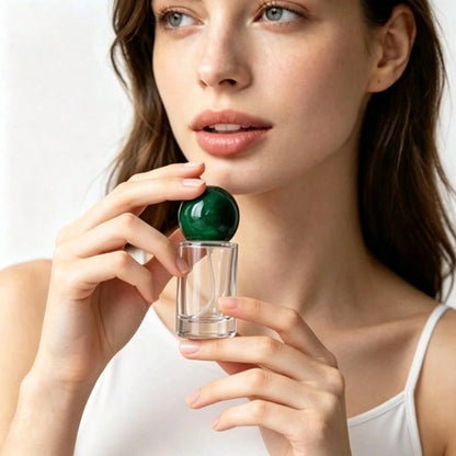 1pc 20ml Refillable Fragrance Spray Bottle, Transparent Glass Travel Fragrance Sprayer With Green Round Cap, Portable Empty Cosmetic Dispenser Bottle, Mini Travel Size Fragrance Container
