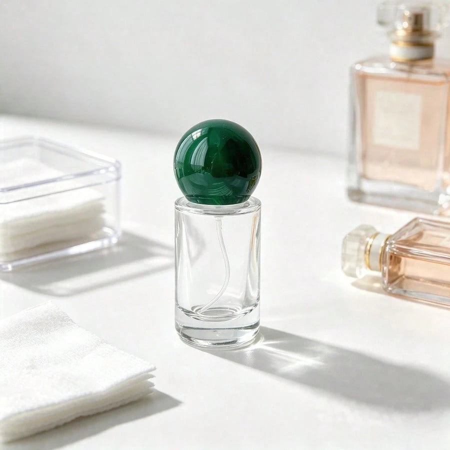 1pc 20ml Refillable Fragrance Spray Bottle, Transparent Glass Travel Fragrance Sprayer With Green Round Cap, Portable Empty Cosmetic Dispenser Bottle, Mini Travel Size Fragrance Container