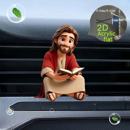 1pc 2D Flat Design Jesus Reading Car Air Vent Clip, Acrylic Cartoon Ornament, Car Interior Decor Accessory, Clip-On Car Air Freshener, Random Scent, Best Gift For Women- Perfect For Mom, Bestie, Frie