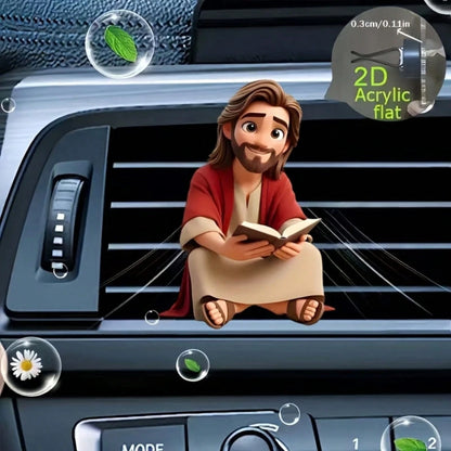 1pc 2D Flat Design Jesus Reading Car Air Vent Clip, Acrylic Cartoon Ornament, Car Interior Decor Accessory, Clip-On Car Air Freshener, Random Scent, Best Gift For Women- Perfect For Mom, Bestie, Frie