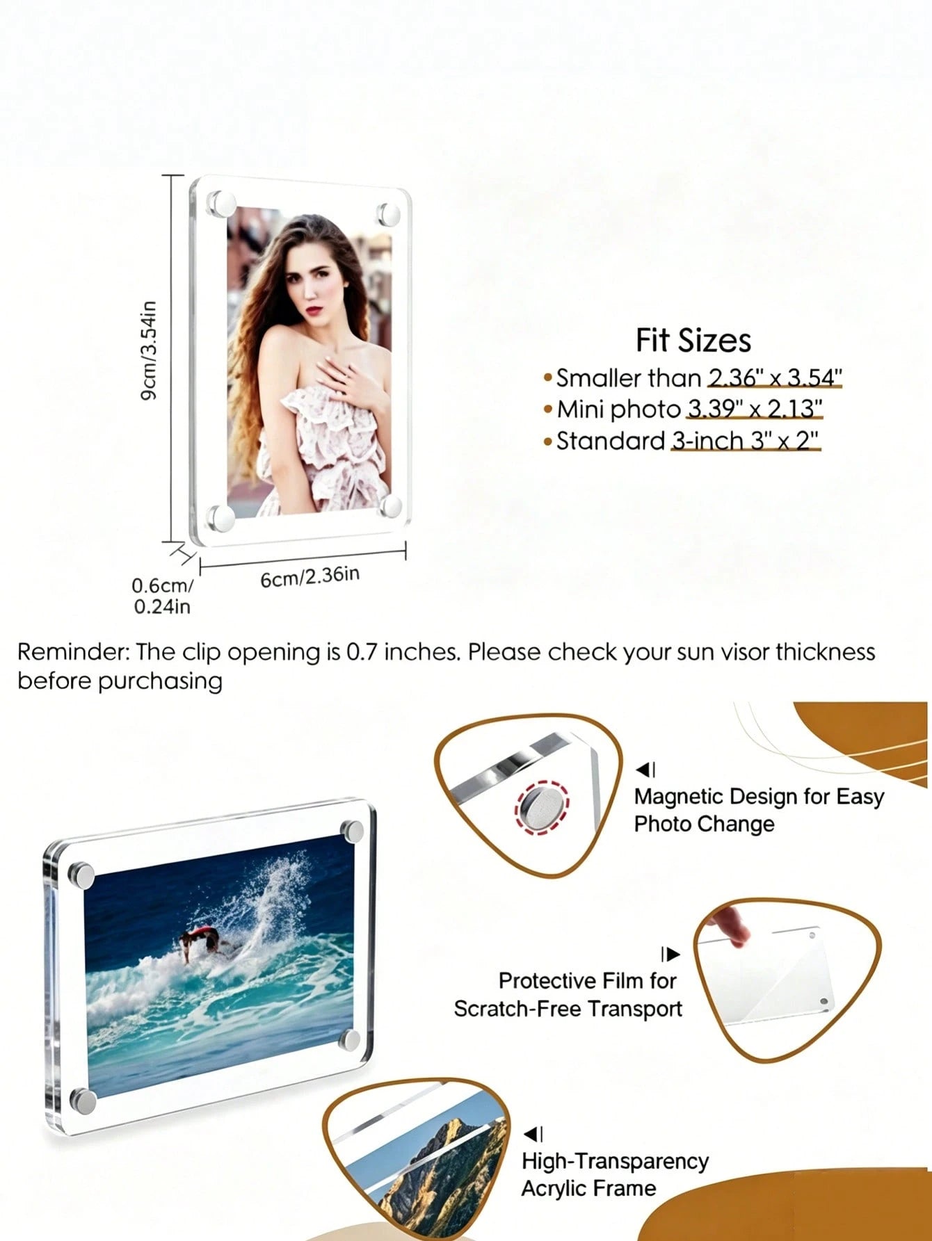 1pc/2pcs/3pcs/4pcs/5pcs New Magnetic Photo Clip For Car Sun Visor, Universal Acrylic Fridge Magnet Transparent Magnetic Instant Photo Frame, Car Sun Visor Photo Frame Clip, Personalized DIY Car Decor